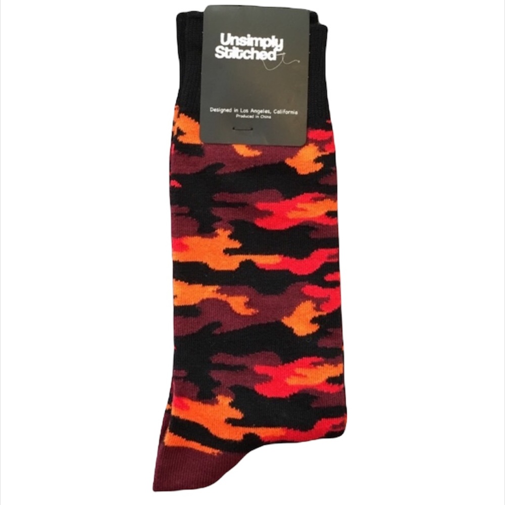 Unsimply Stitched Camo Crew Socks, Red, Orange, Black
